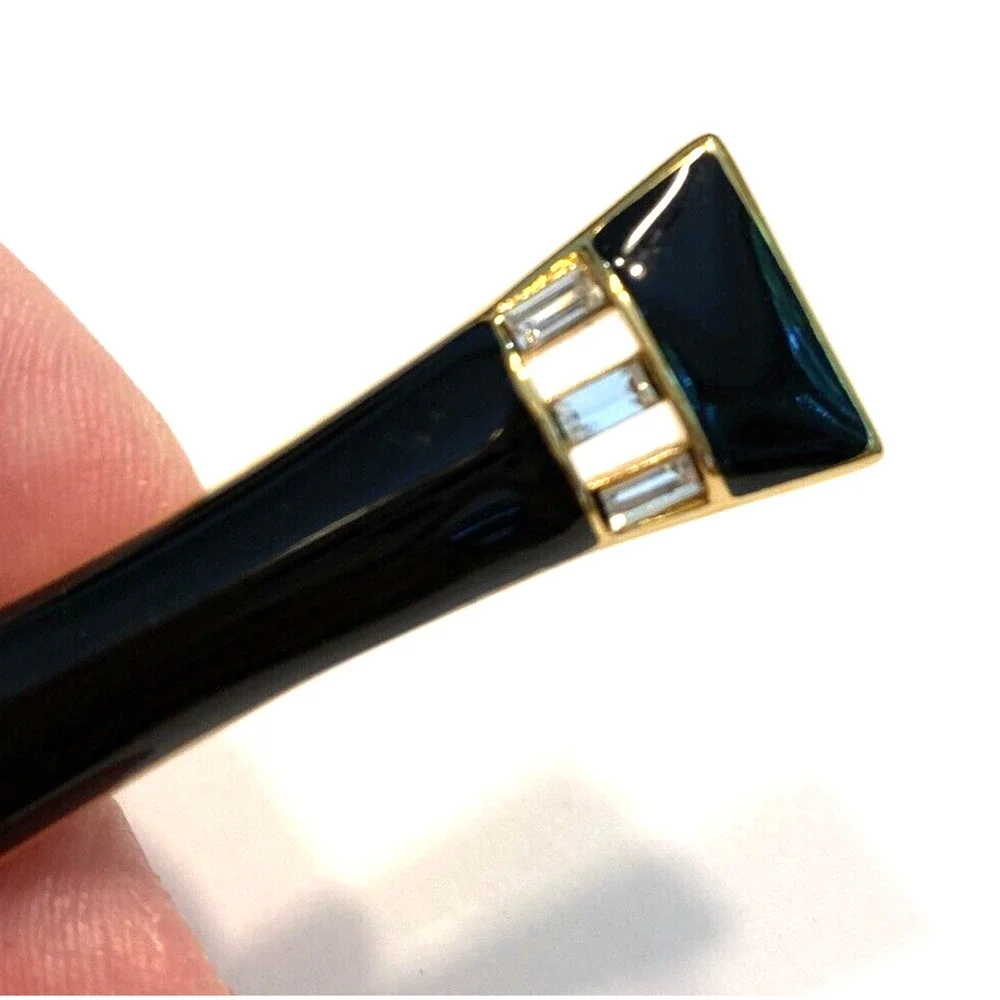 Vintage 1980’s Monet Bar Brooch Gold Black Enamel White Rhinestones Bow Tie Pin
